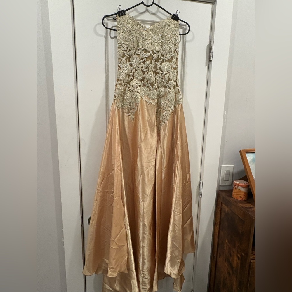 Jovani Champagne Gold and Ivory Lace Applique Evening Gown